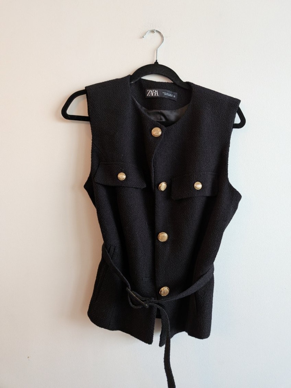Zara Black Tweed Sleeveless Vest with Gold Buttons